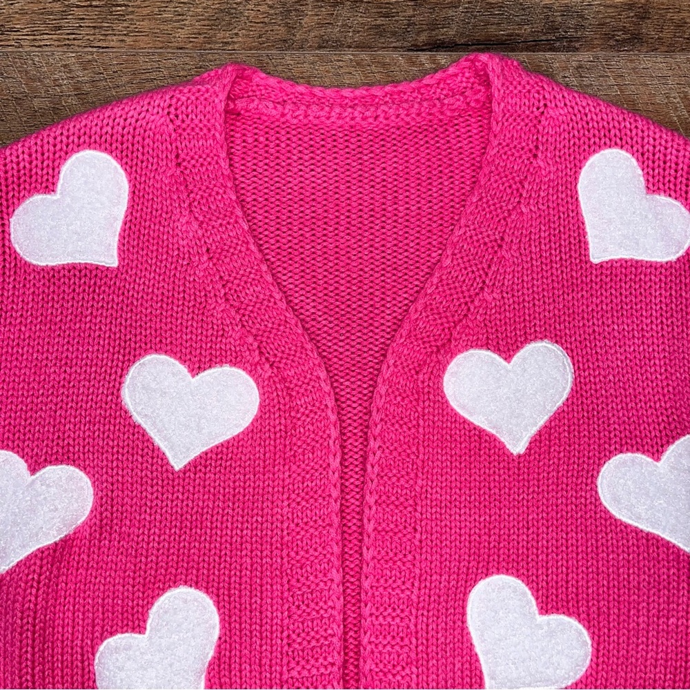 Pink with White Hearts Cardigan Barbie Sweater Valentine’s Day Scandi Girl - Picture 10 of 14